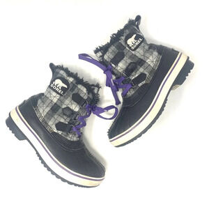 Sorel Tivoli II Leather‎ Plaid Lace-Up Snow Boots Black Gray Purple Size US 5
